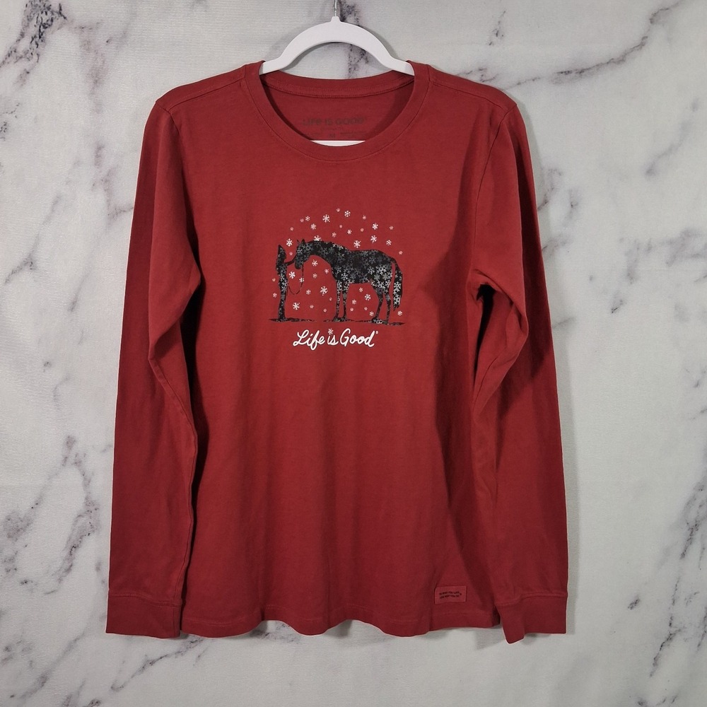 Life Is Good T-Shirt Womens Size M Burgundy Long Sleeves Equestrian Graphic.
